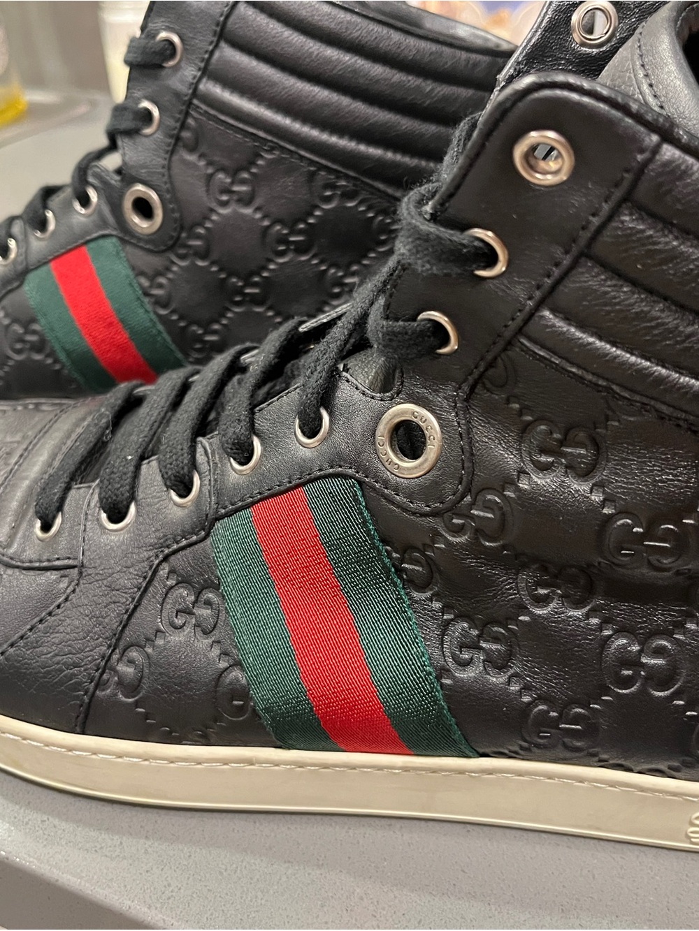 Gucci Black Leather High-Top Sneakers with Green-Red Web Stripe Mens Sz 11 - Picture 3 of 5